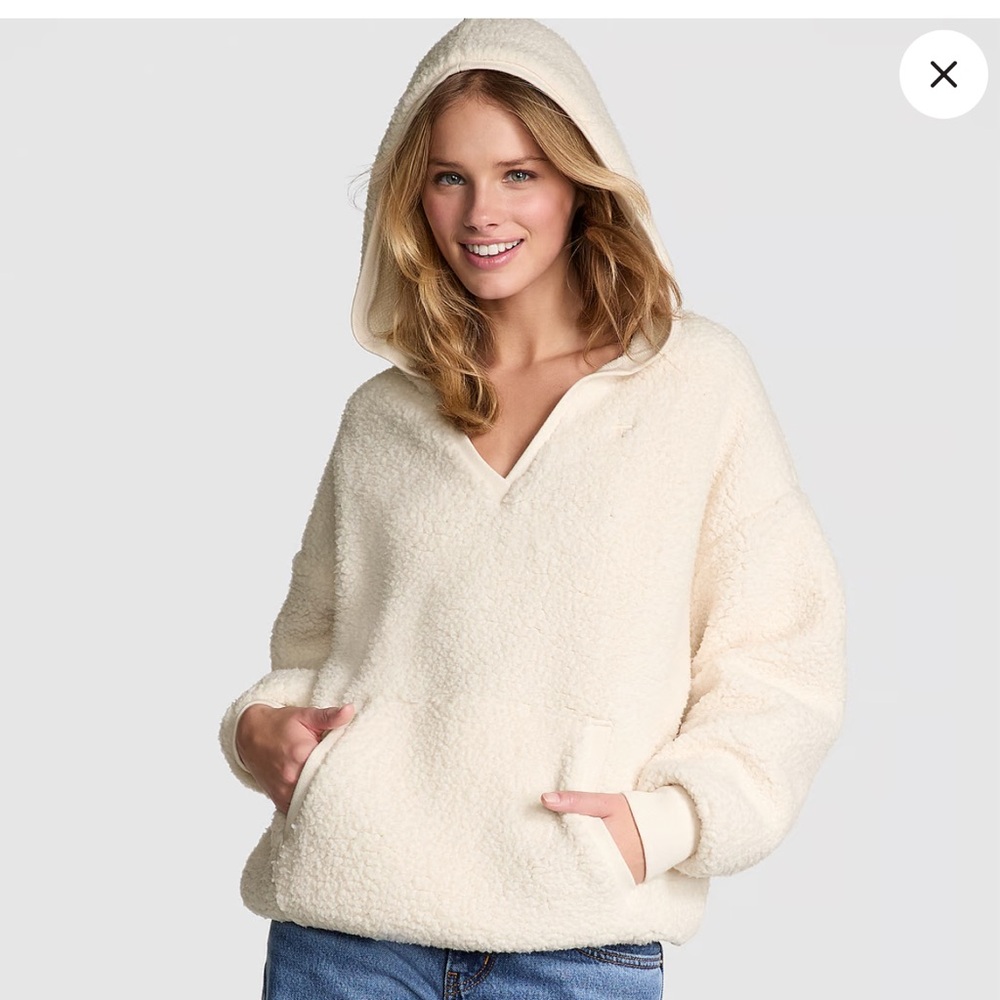 NWT PINK By Victoria Secret Cream  Plush Fleece Pullover  Hoodie Size XL
